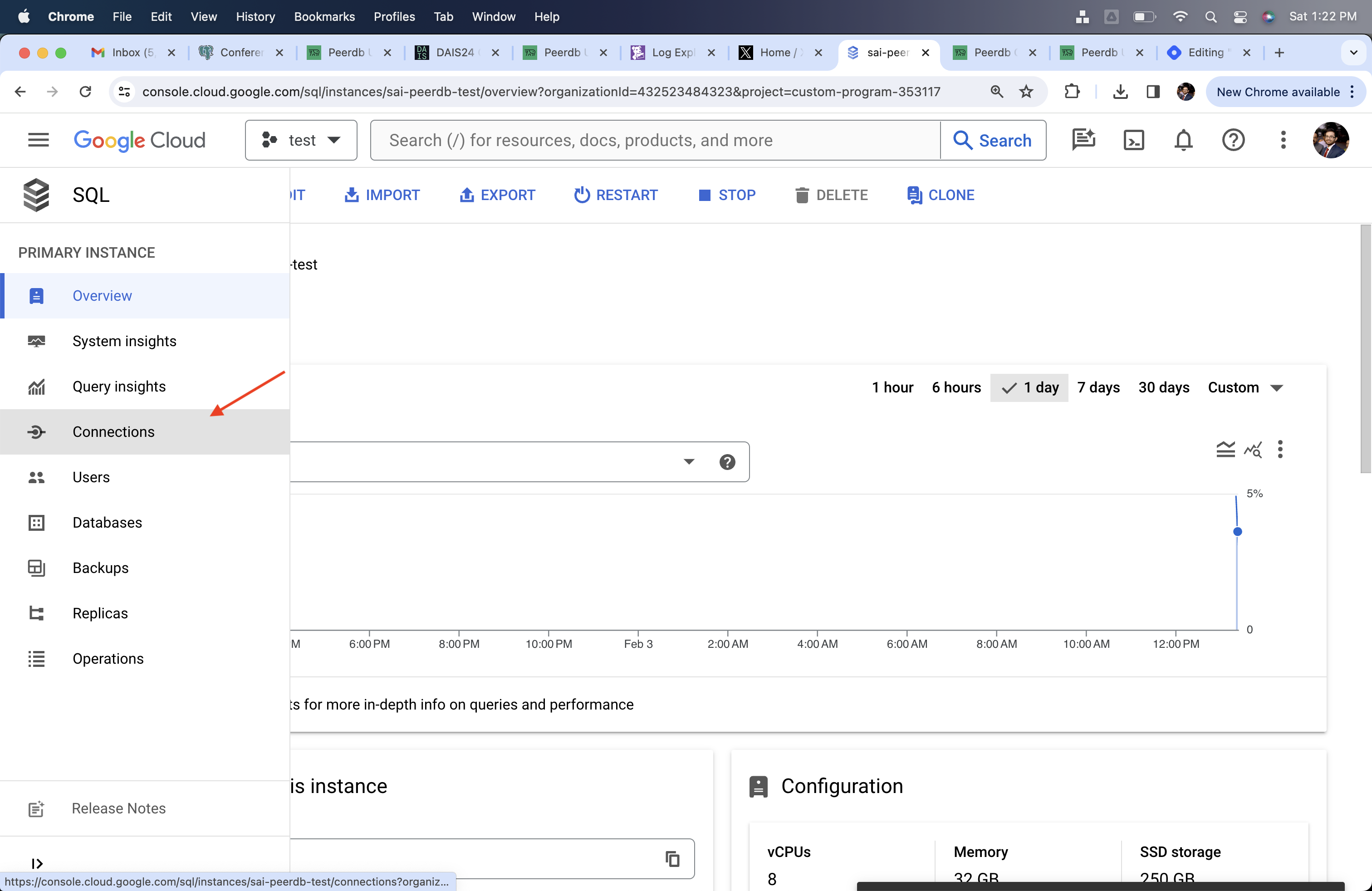 Раздел «Connections» в Cloud SQL