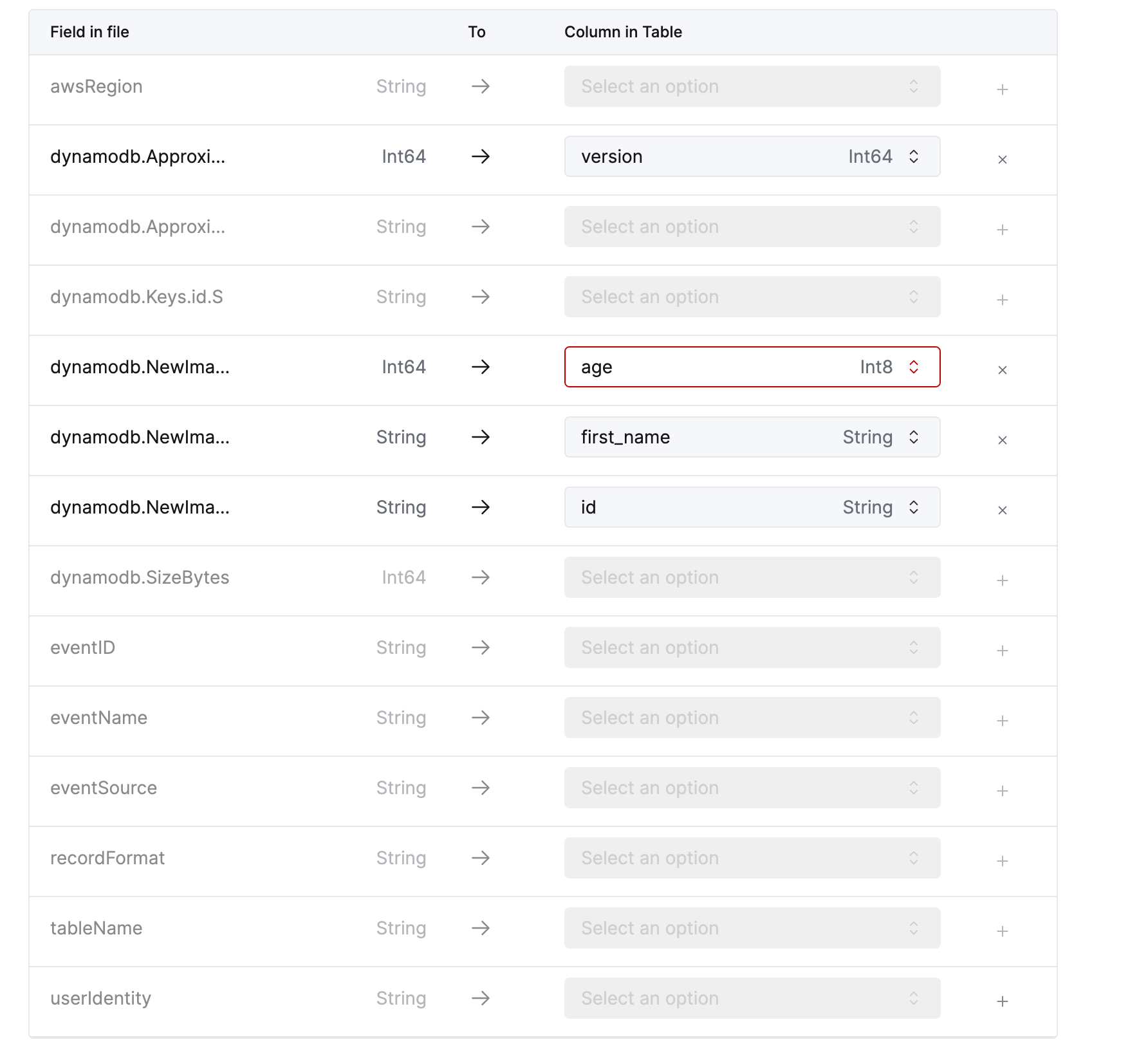 Сопоставление столбцов DynamoDB