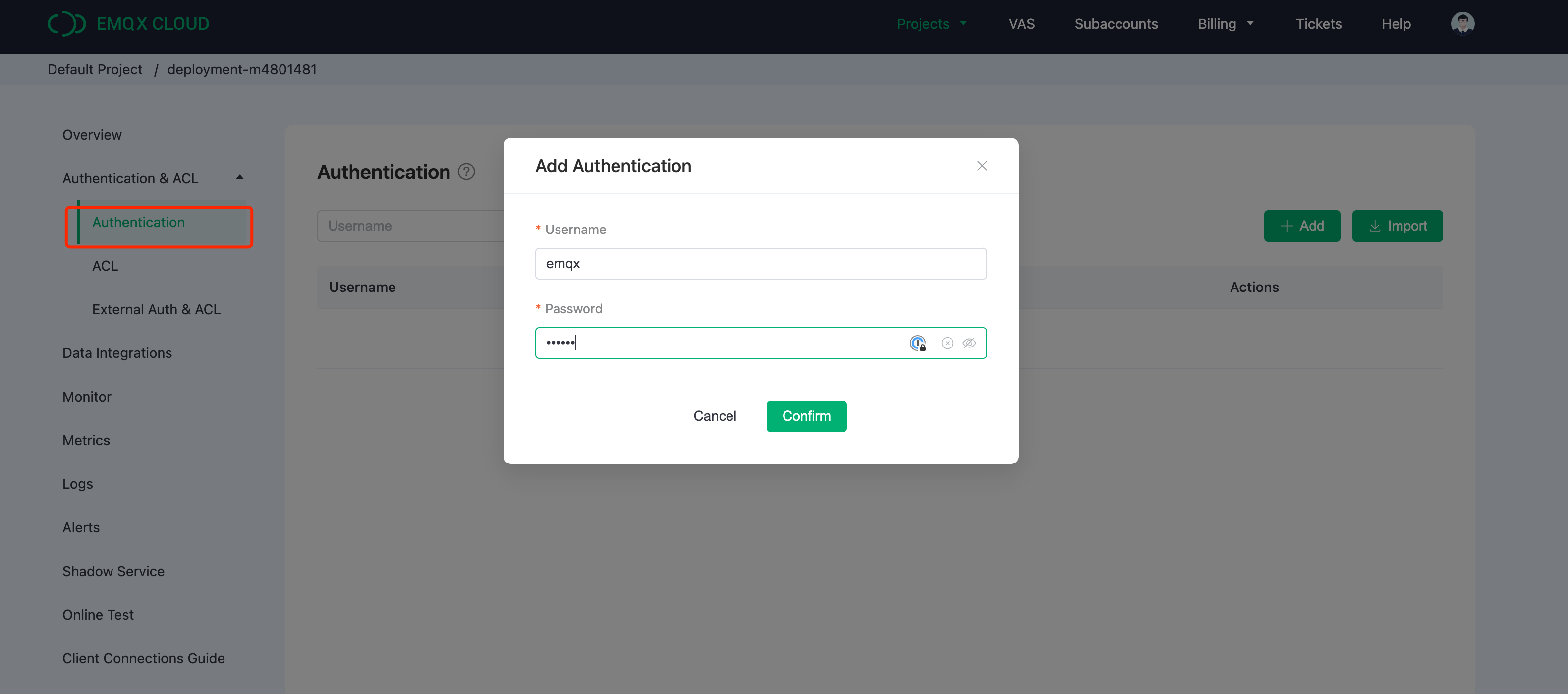 Интерфейс настройки аутентификации EMQX Cloud для добавления учётных данных