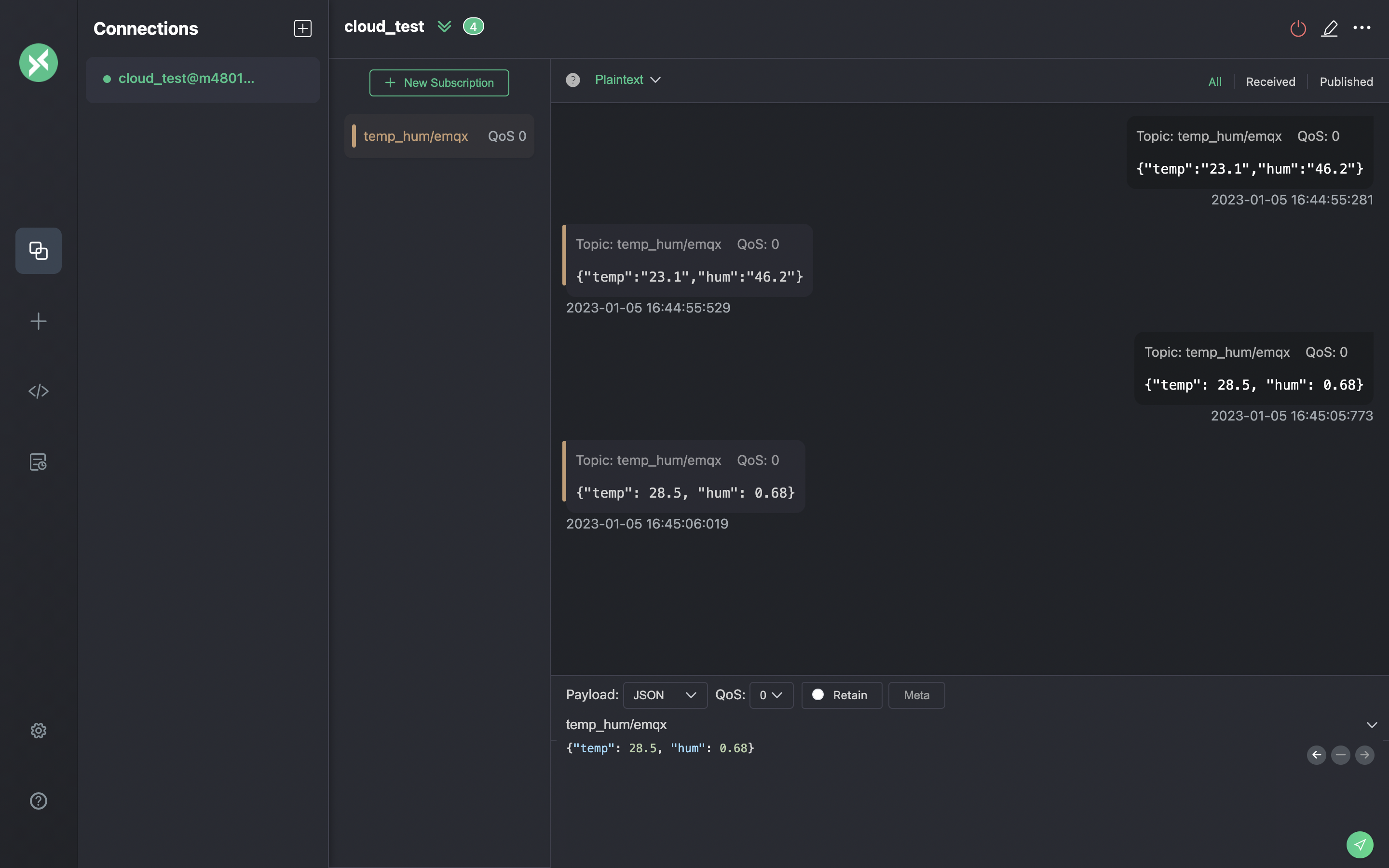 Интерфейс MQTTX Publish MQTT Messages с формированием сообщения