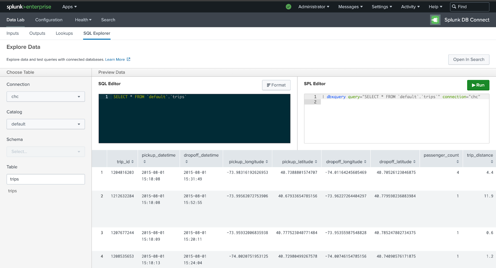 Splunk SQL Explorer, выбор подключения к ClickHouse