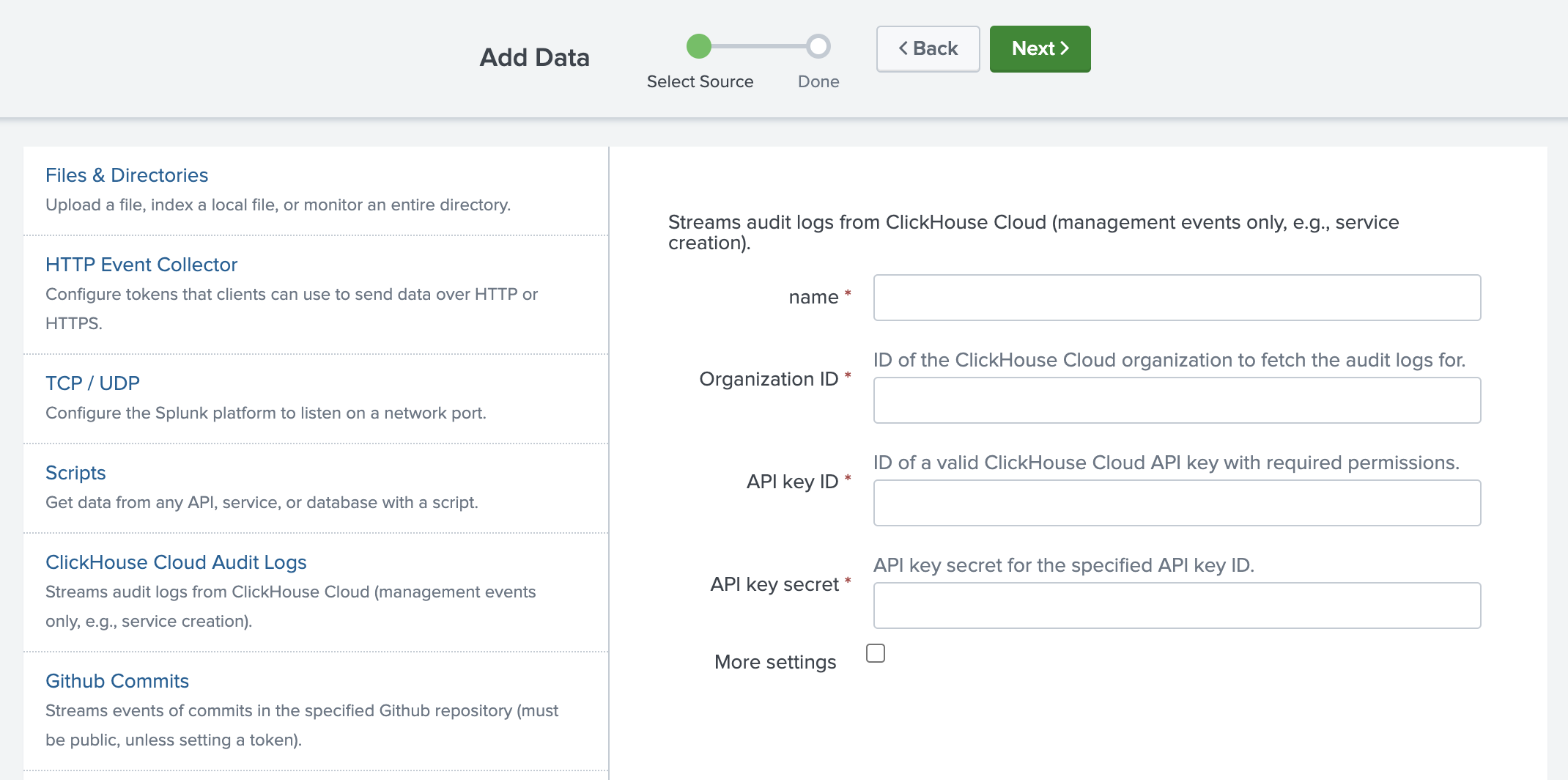 Интерфейс Splunk для настройки нового источника данных ClickHouse Cloud Audit Logs