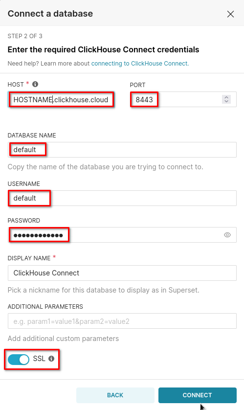 Форма конфигурации подключения Superset с параметрами подключения к ClickHouse